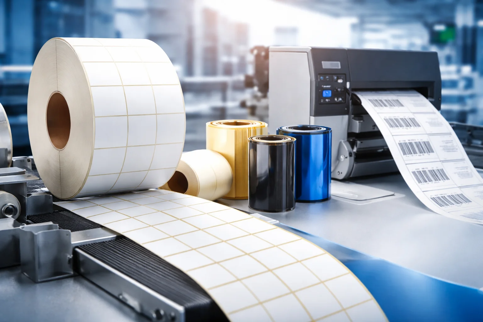 Étiquettes professionnelles — rouleaux et imprimante industrielle